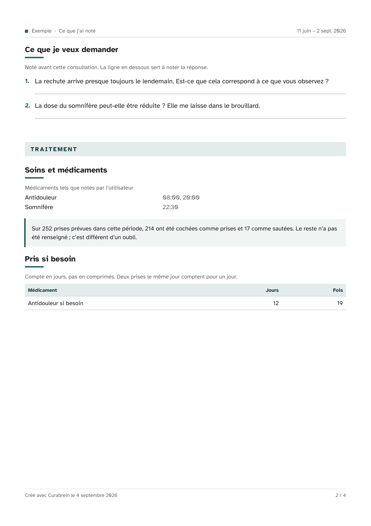 Page deux : les questions pour le rendez-vous, et les m&eacute;dicaments et s&rsquo;ils ont &eacute;t&eacute; pris.