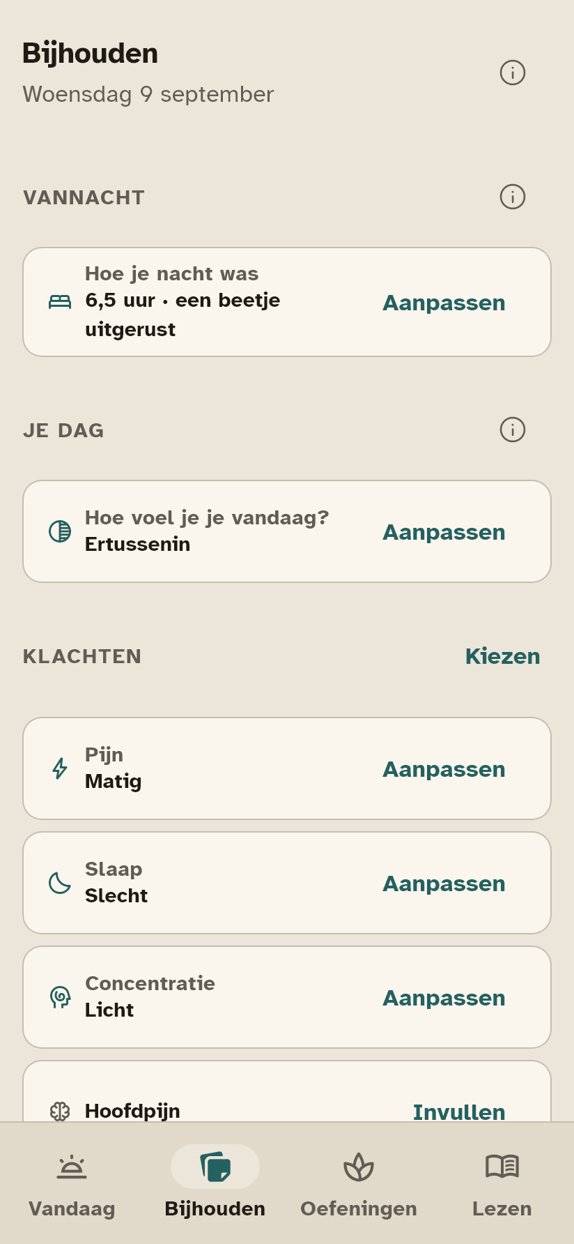 Het scherm Bijhouden.