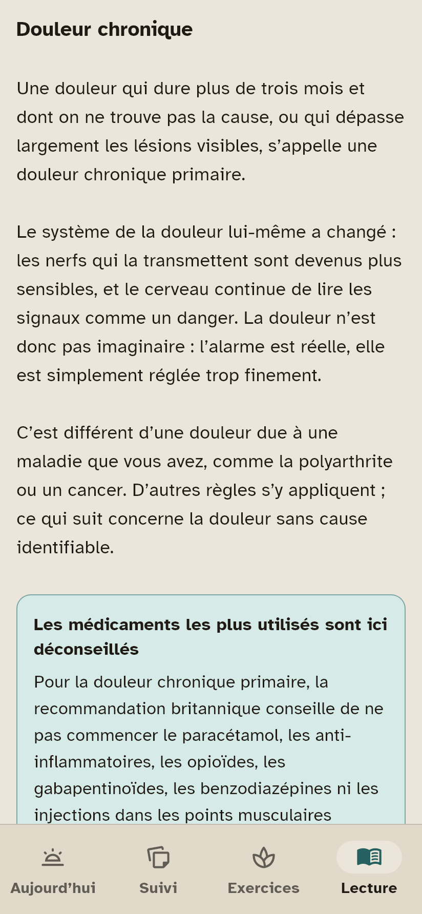 La page sur la douleur chronique, en haut.