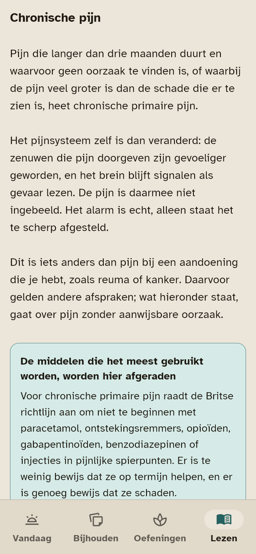 De bladzijde over chronische pijn, bovenaan.