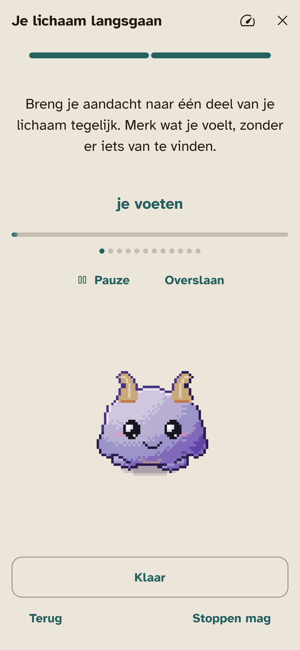 De lichaamsscan: Langs je lichaam, op dit moment bij je voeten, met een voortgangsbalk, pauzeren en overslaan, en de metgezel eronder.