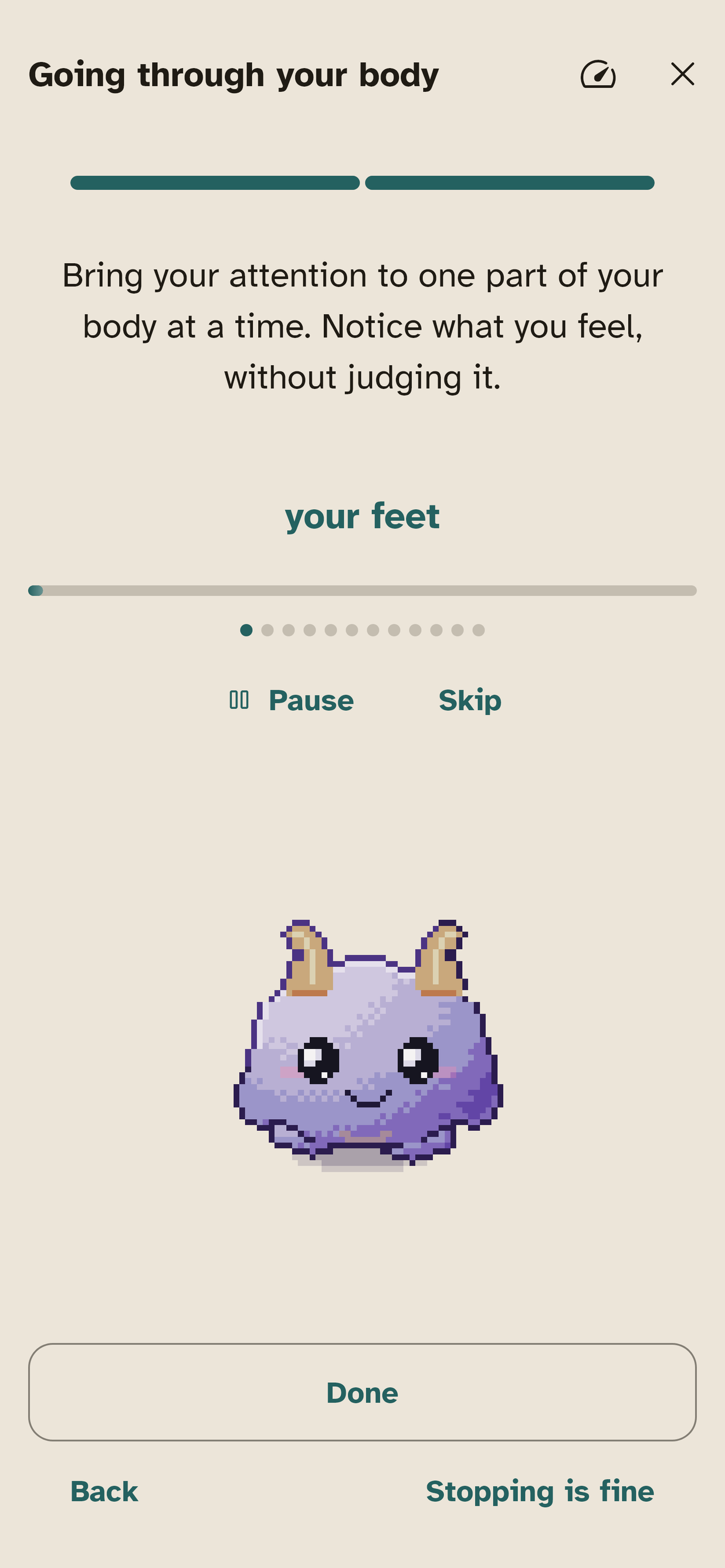 The body scan exercise: Going through your body, currently resting on your feet, with a progress bar, pause and skip, and the companion sitting below.