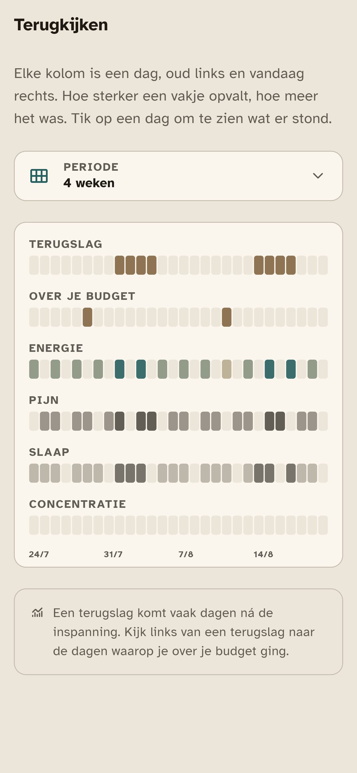 Het scherm Terugkijken: rijen voor terugslag, over je budget, energie, pijn, slaap en concentratie, elk een strook kleine vakjes, één per dag.