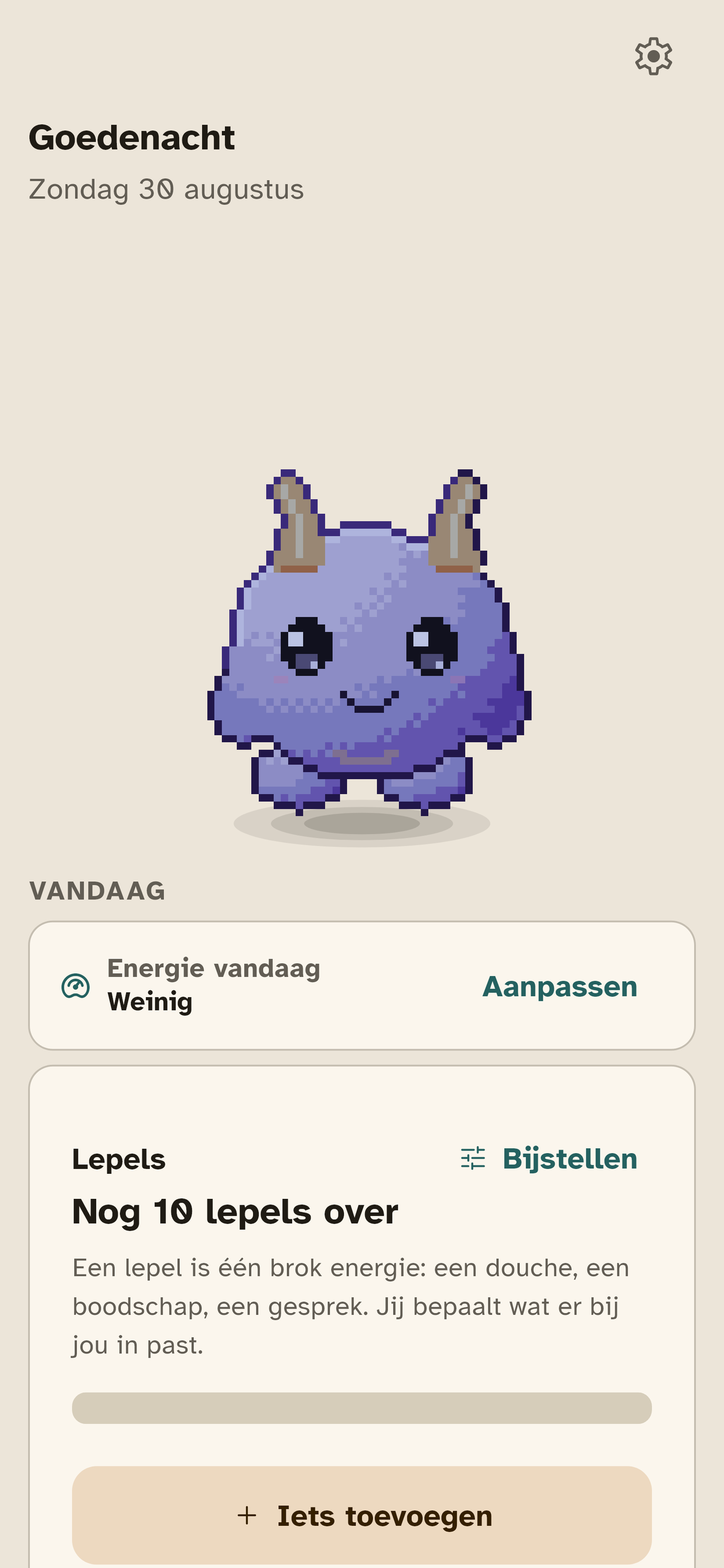 Het startscherm: energie vandaag, hoeveel lepels er over zijn met een balk, een knop om iets toe te voegen, en je week als zeven blokjes.