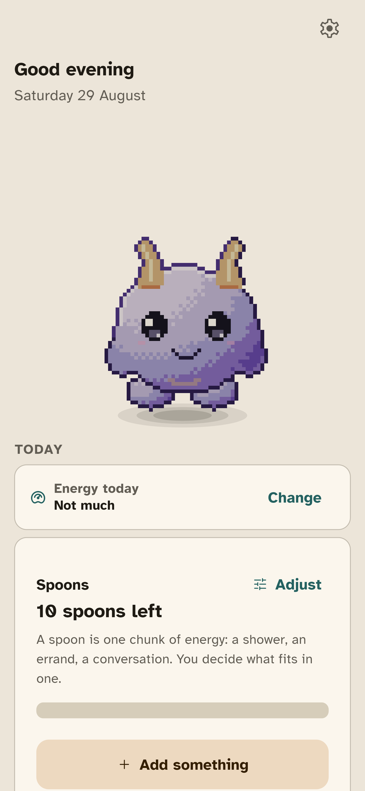 The home screen: energy today, spoons left with a bar, an add something button, and your week as seven blocks.