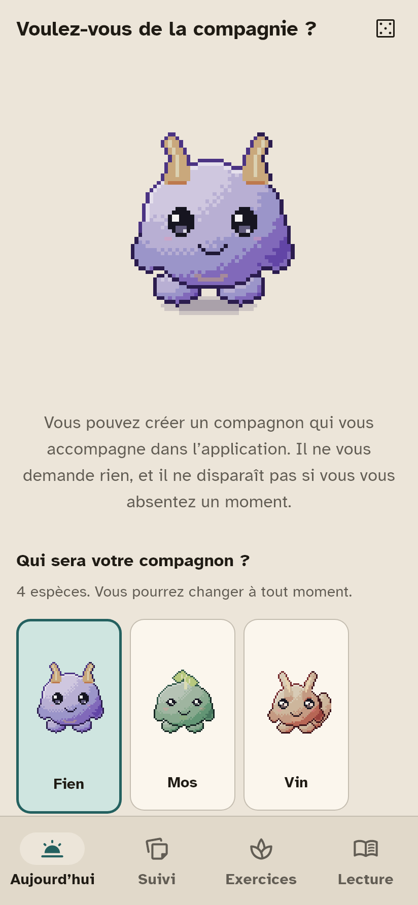 L&rsquo;&eacute;cran o&ugrave; vous choisissez votre compagnon.