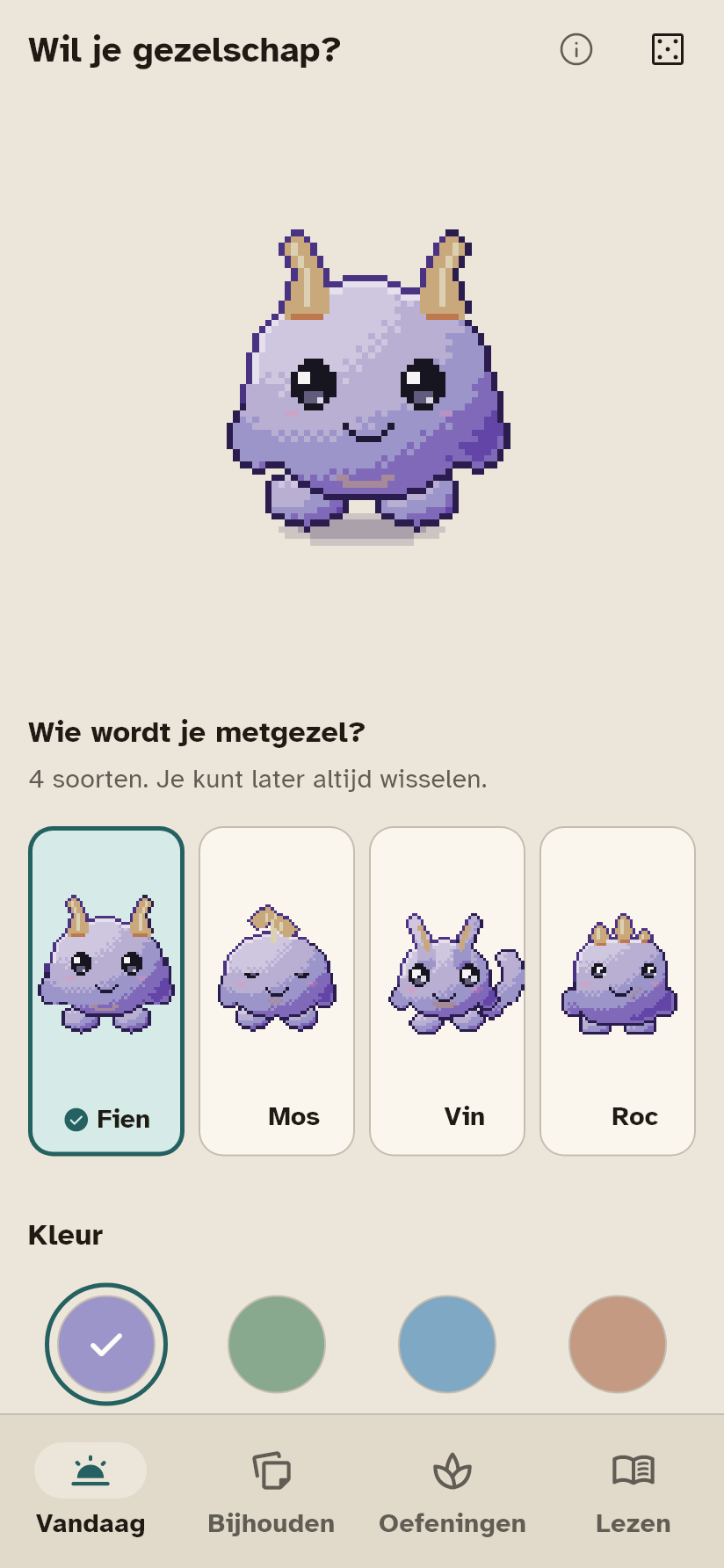 Het scherm waar je je metgezel kiest.