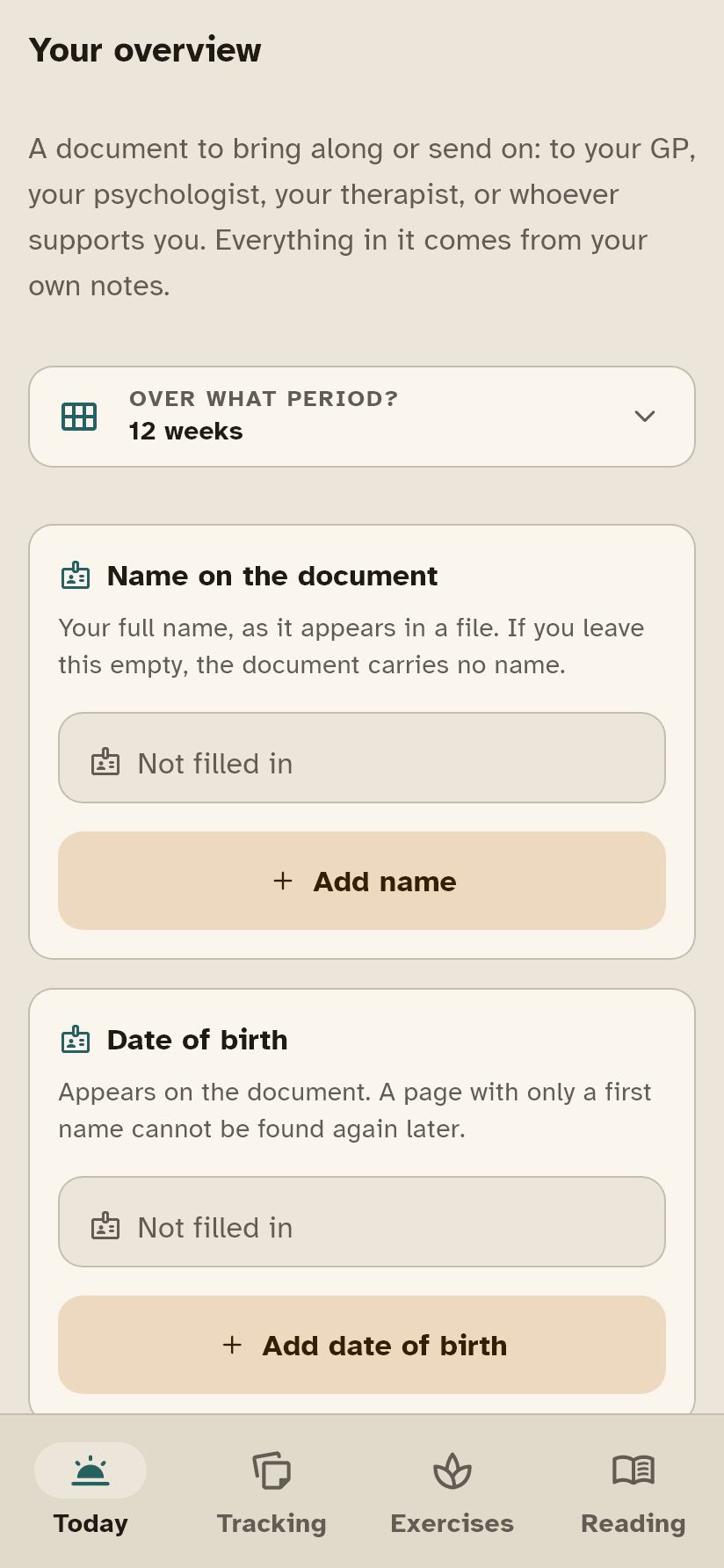 The screen where you make your overview.
