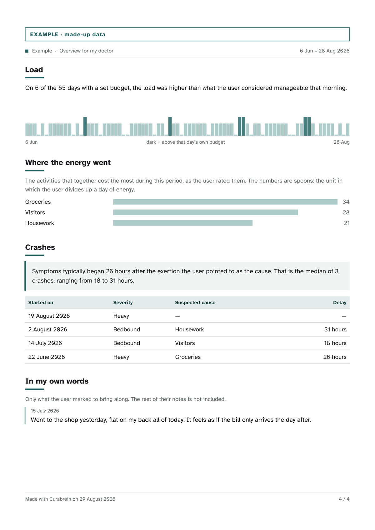 Page four: a bar chart of energy for each day, a chart of load against budget, and where the energy went.